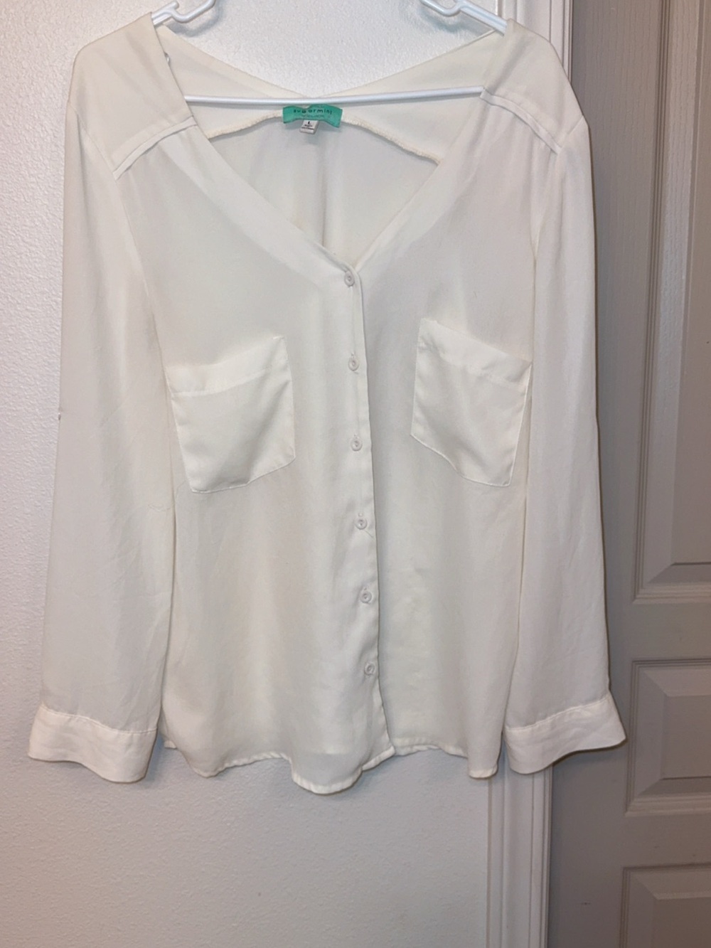 Women’s Cream V-Neck Button Front Blouse with Patch Pockets